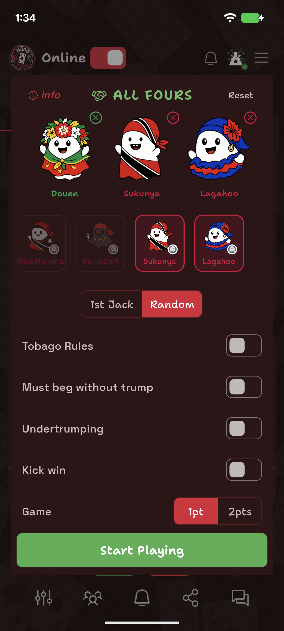 HangJack All Fours game setup